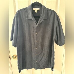 Tommy Bahama 100% silk steel blue shadow leaf Hawaiian button up shirt size med